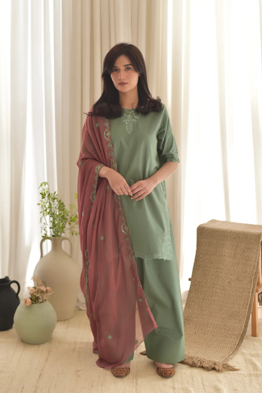 Olive Green Embroidered 3-Piece