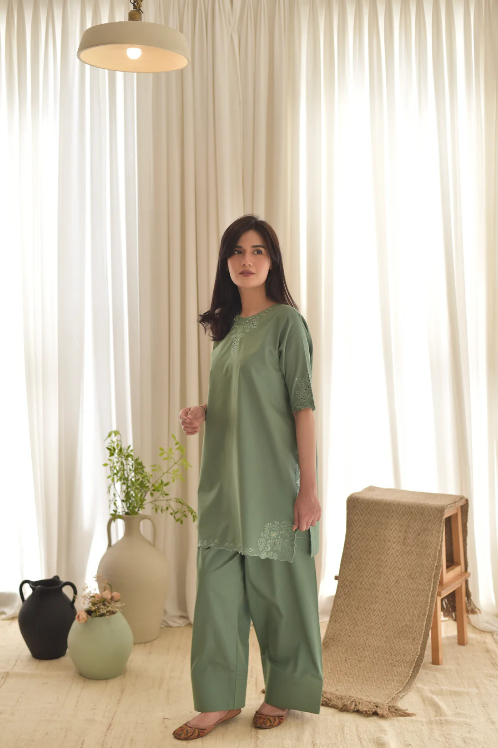 Olive Green Embroidered 3-Piece